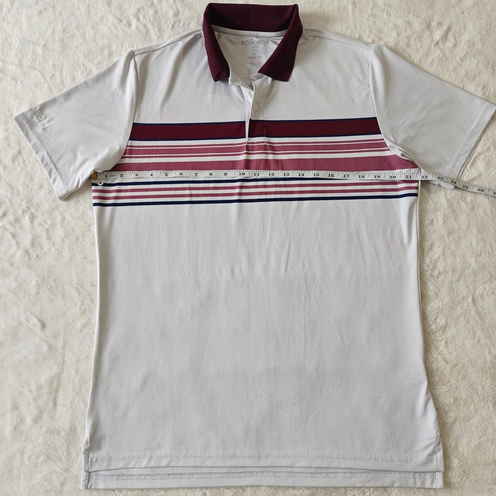 BONOBOS GOLF Men Slim Fit Polo White Shirt Burgundy Stripe Short Sleeve Medium - Picture 3 of 7